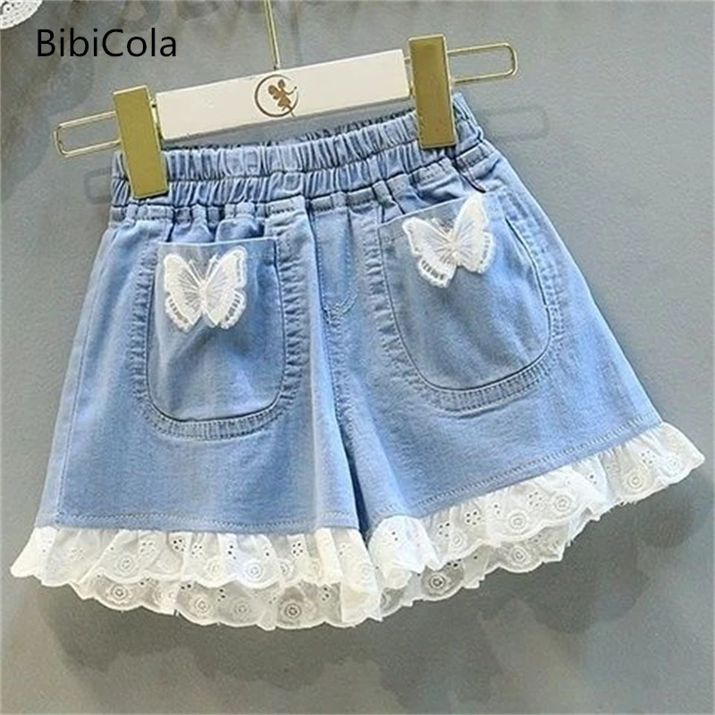 

Girls denim shorts 2022 summer new embroidered lace stretch flared pants children's stitching shorts