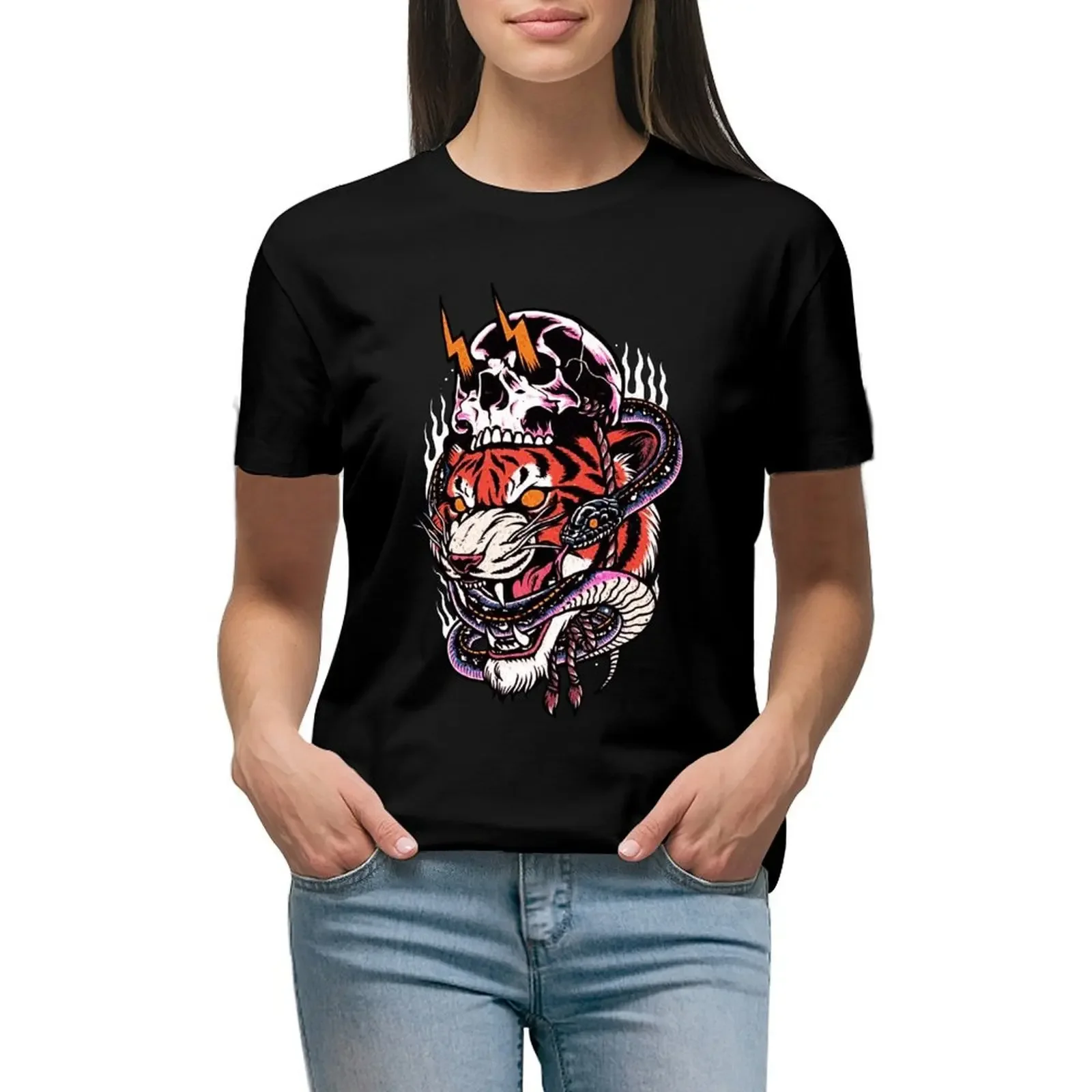 

Traditional Tiger and Snake and Skull Tattoo T-shirt Aesthetic clothing anime clothes graphics Woman clothes