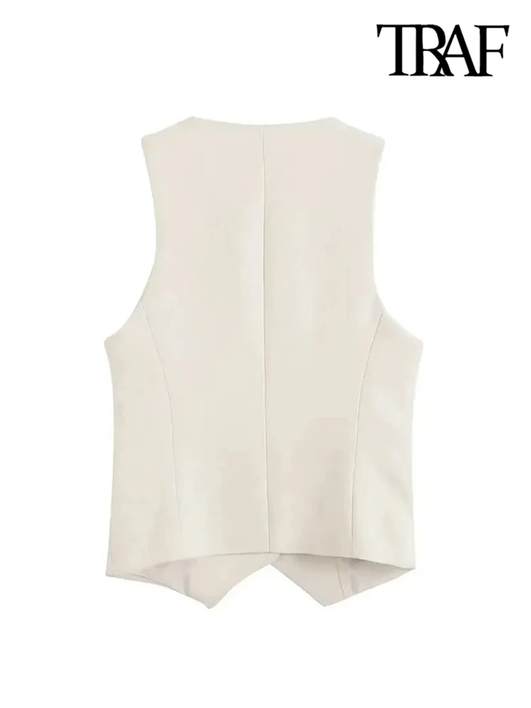 TRAF Women Fashion Front Button Fitted Waistcoat Vintage Sleeveless Welt Pockets Female Outerwear Chic Vest Tops 2