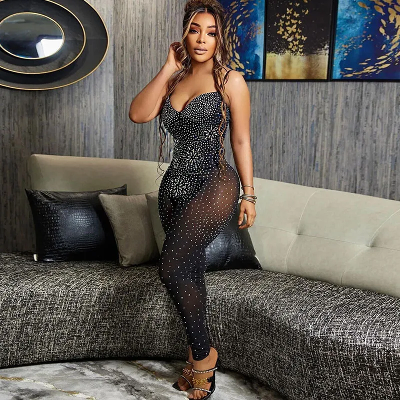 

Sparkly Sheer Mesh Crystal Rompers Womens Jumpsuit Sexy Rhinestone Spaghetti Straps Backless Strapless Party Club Overalls 2022