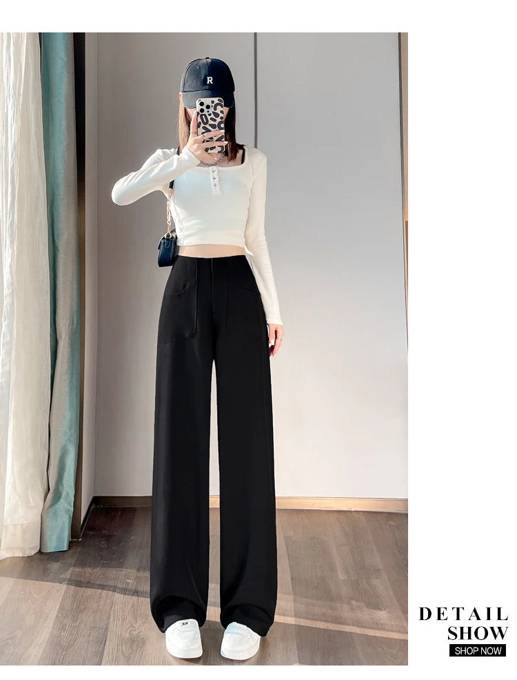 Herbst hohe Taille lässige Frauen Hosen einfache grundlegende schwarze koreanische gerade Hosen weibliche schicke einfarbige schlanke lose Frau Hosen – Detail 14