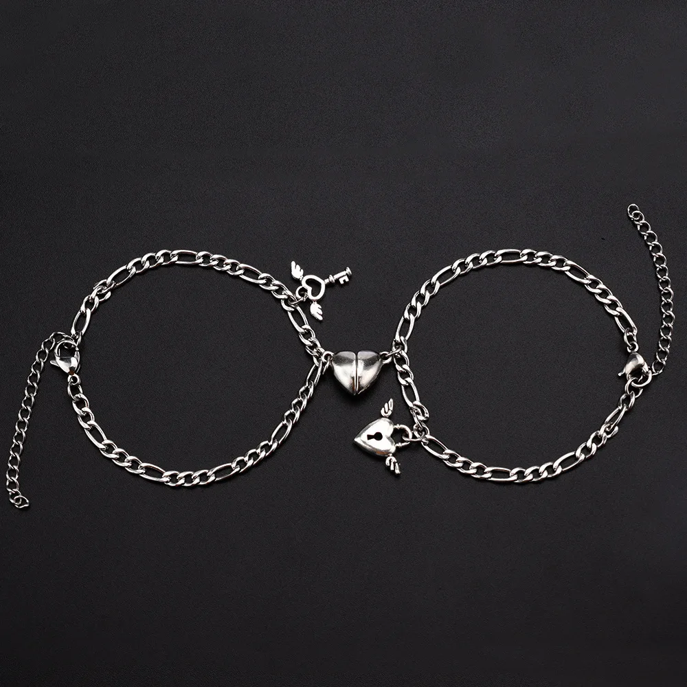 Heart Attraction Magnetic Couple Bracelets with Key Lock Charm - Stainless Steel Cuban Chain Set
