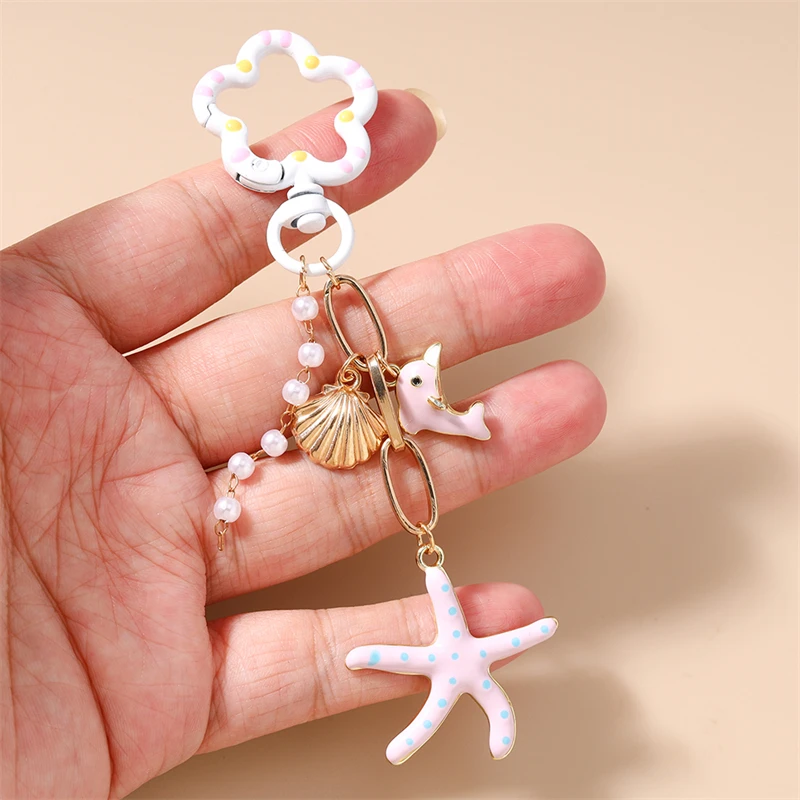 Niedliche Seestern-Perlen-Wal-Schlüsselanhänger für Autoschlüssel, Damen und Herren, Sommer-Strand-Handtaschenanhänger, Schlüsselringe, DIY-Schmuckgeschenke – Detail 3