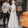 Muslim High Collar A-line Wedding Dresses 2024 New Draped Pleat Floor Length Ribbon Bride Dress Brush Train robe de mariée 1