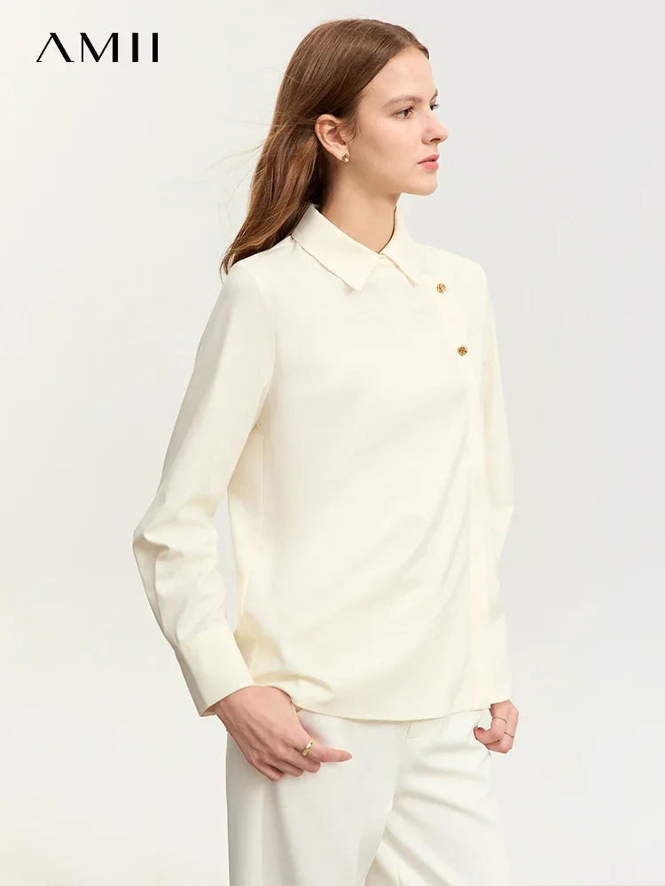 

AMII New Chinese Shirt For Women 2023 Autumn Loose Commuter Lapel Asymmetrical Solid Shirt & Blouse Retro Quality Lady 12343273