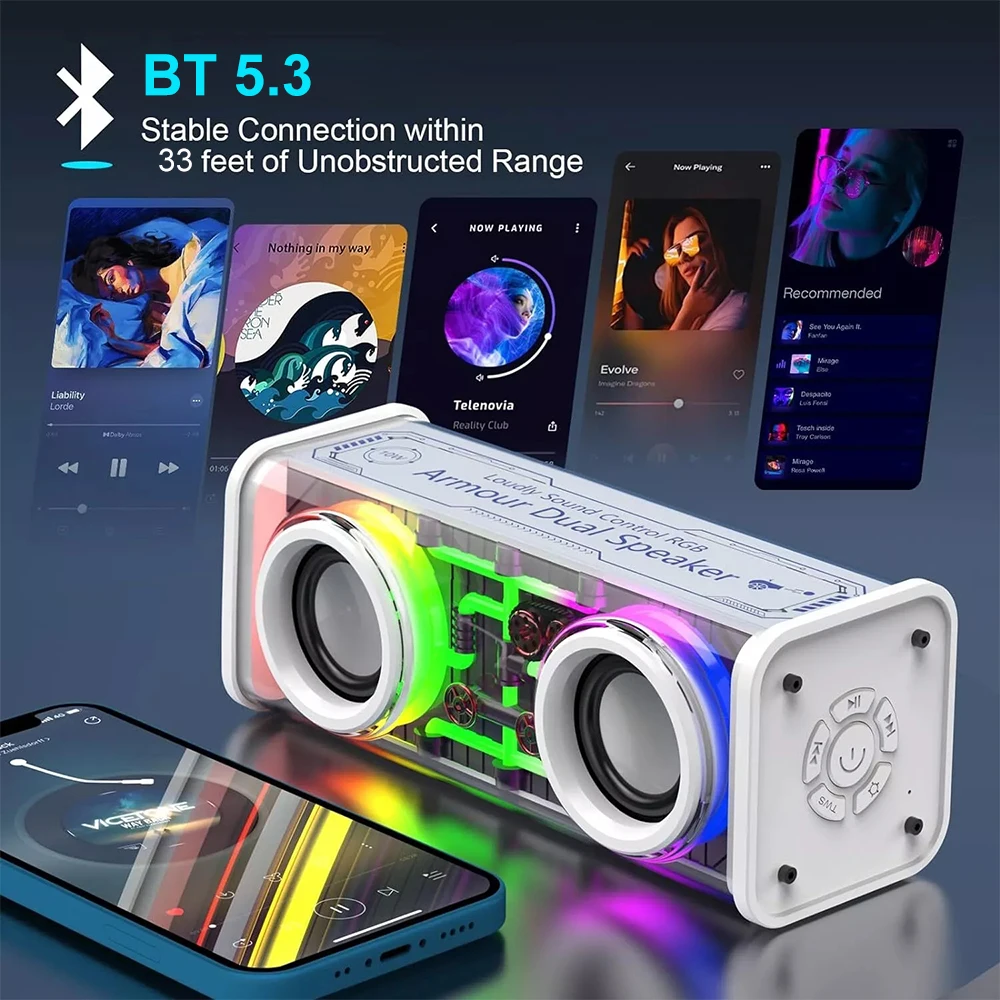 V8 Transparent Mecha Speakers Bluetooth 5.0 Wireless Double Bass Diaphragm Subwoofer Music TWS RGB Light Mini Party Loudspeaker