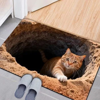 3D Optical Illusion Cat Round Hole Door Mat Daily Home Absorbent Anti-slip Carpet Living Room Bedroom Bathroom Doorway Decor Rug 1