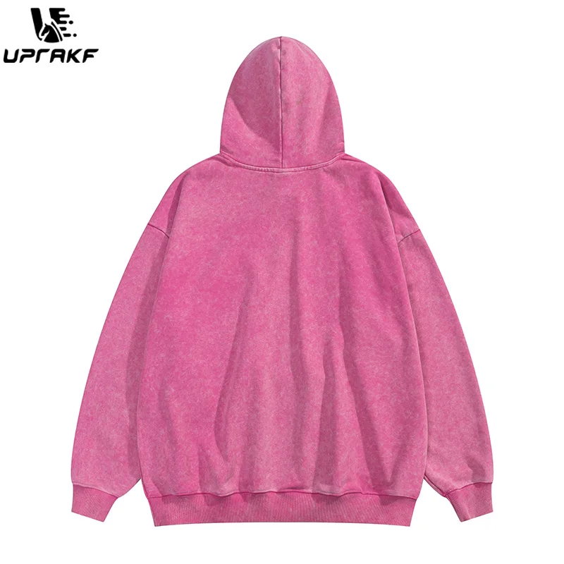 UPRAKF Washed Letter Print Hoodie Fashion Autumn Casual Loose Streetwear Harajuku Long Sleeve Retro Pullover
