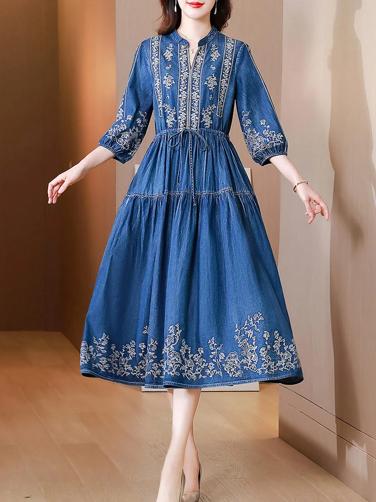 TIYIHAILEY-Women's Vintage Long Mid-Calf Denim Dress, Lantern Half Sleeve,  Embroidery Dresses, New, Summer, M-2XL Ladies 2025 - AliExpress 200000345