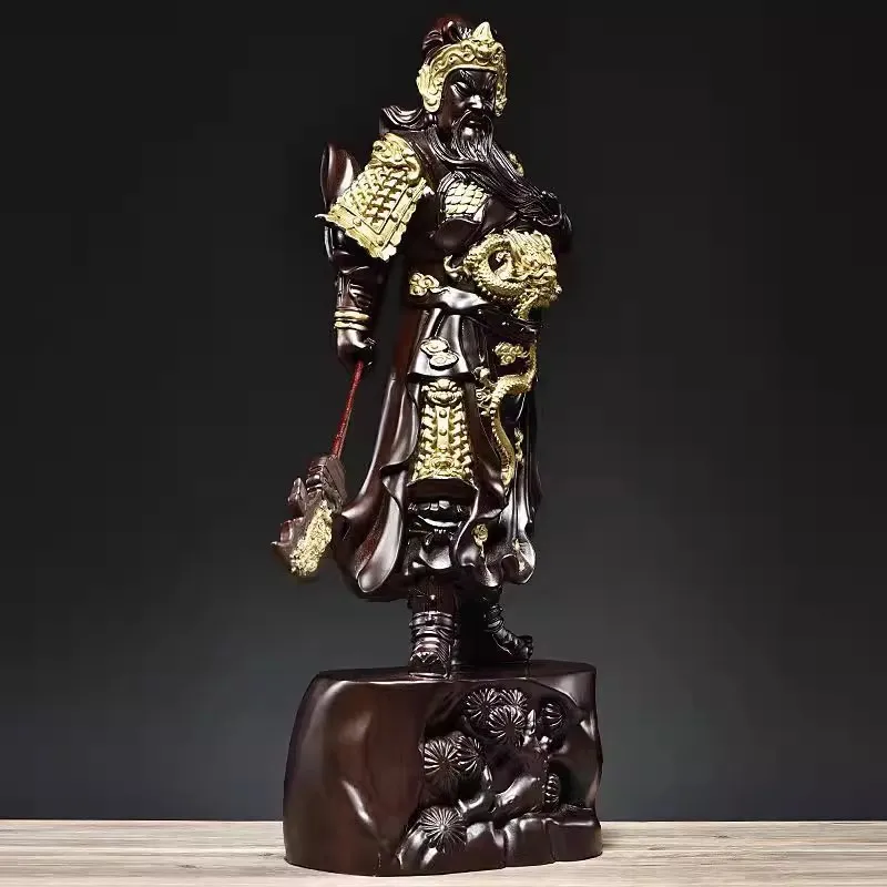Large Ebony Wood Carving Guan Gong Statue - Chinese God of Wealth & Protection, Handcrafted Feng Shui Warrior Sculpture for Home
