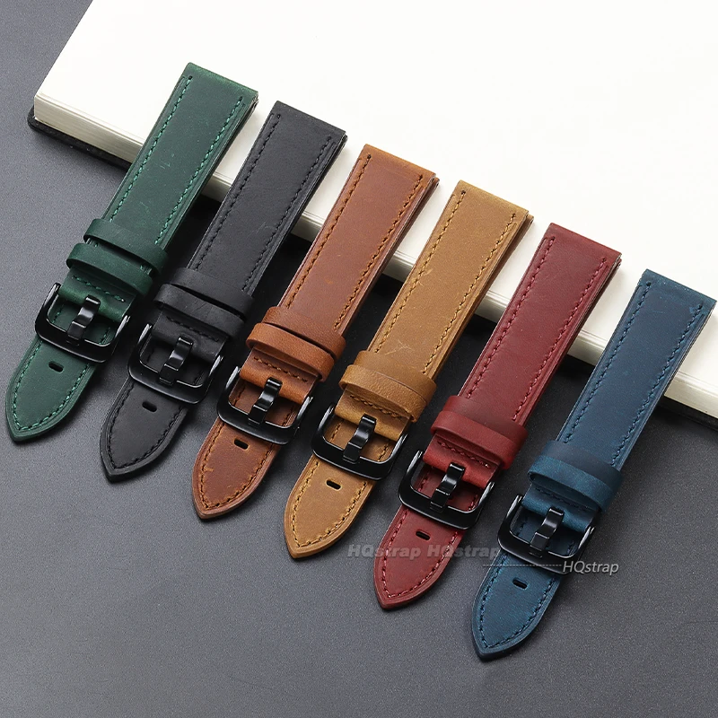 Vintage Leather Watch Strap - Universal Cowhide Watchband for Women & Men in Black, Blue, Brown