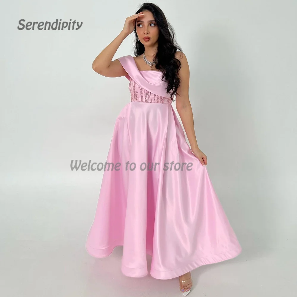 

Serendipity A-Line Evening Dress Floor-Length Off The Shoulder Sleeveless Saudi Arabia Pink Cocktail Party Gown For Women