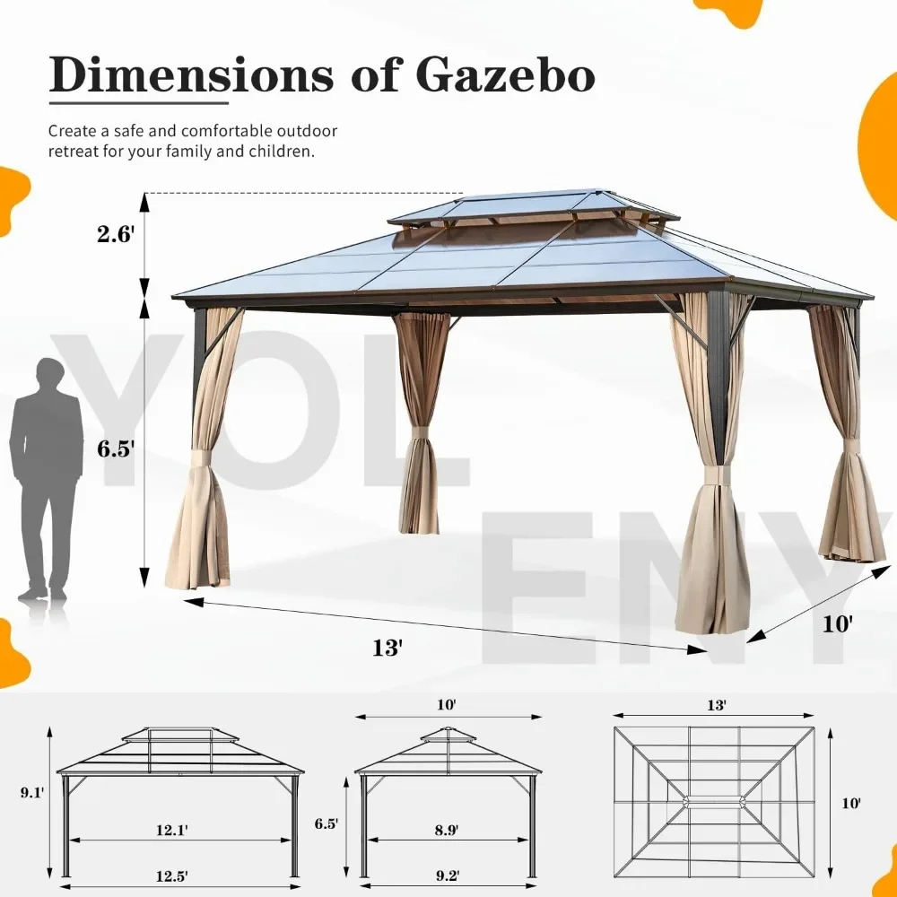 gazebo.YOLENY 10'x13' Hardtop Gazebo, Outdoor Polycarbonate Double Roof Canopy, Aluminum Frame Permanent Pavilion 3