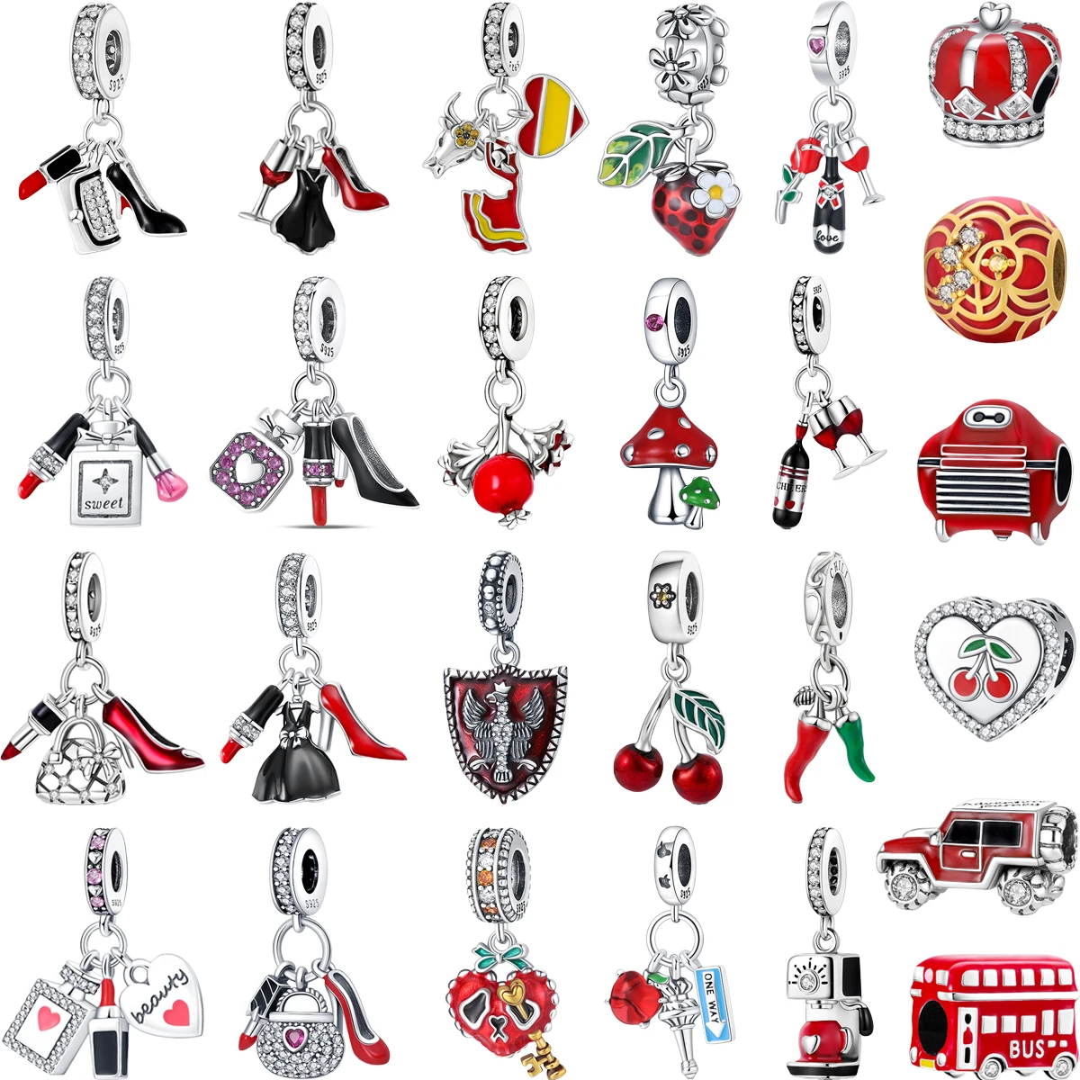 

Original 925 Charms Sterling Silver Red Lipstick Red Bag Heels Fruit Beaded Charms for Pandora DIYBracelet Women's Jewelry Gifts