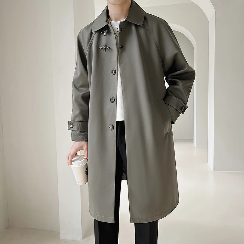 Men Japanese Korean Fashion Loose Casual Mid Length Vintage Trench Coat Male Long Windbreak Jacket Outerwear Trenchcoat
