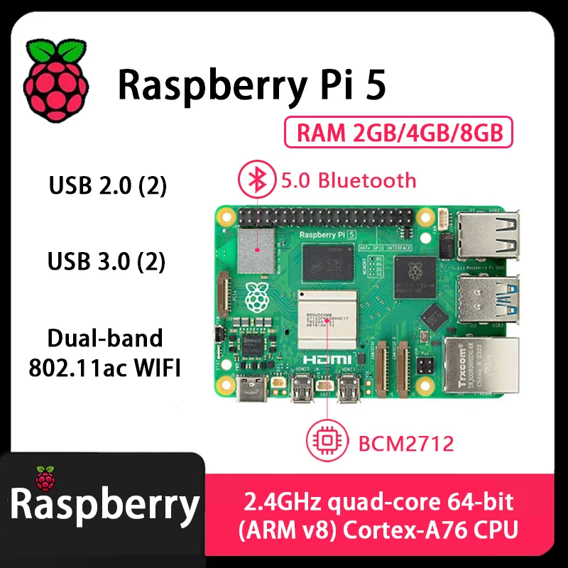 Raspberry Pi 5 Cortex-A76 Linux 2GB 4GB 8GB Arm Board Python programlama PCIe Gigabit Ethernet USB3.0