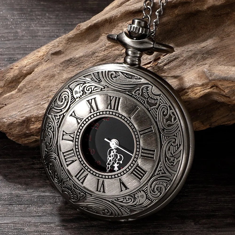 Quartz Watch Roman Numerals Pocket Watch Men Women Hollow Case Steampunk Vintage Pendant Necklace