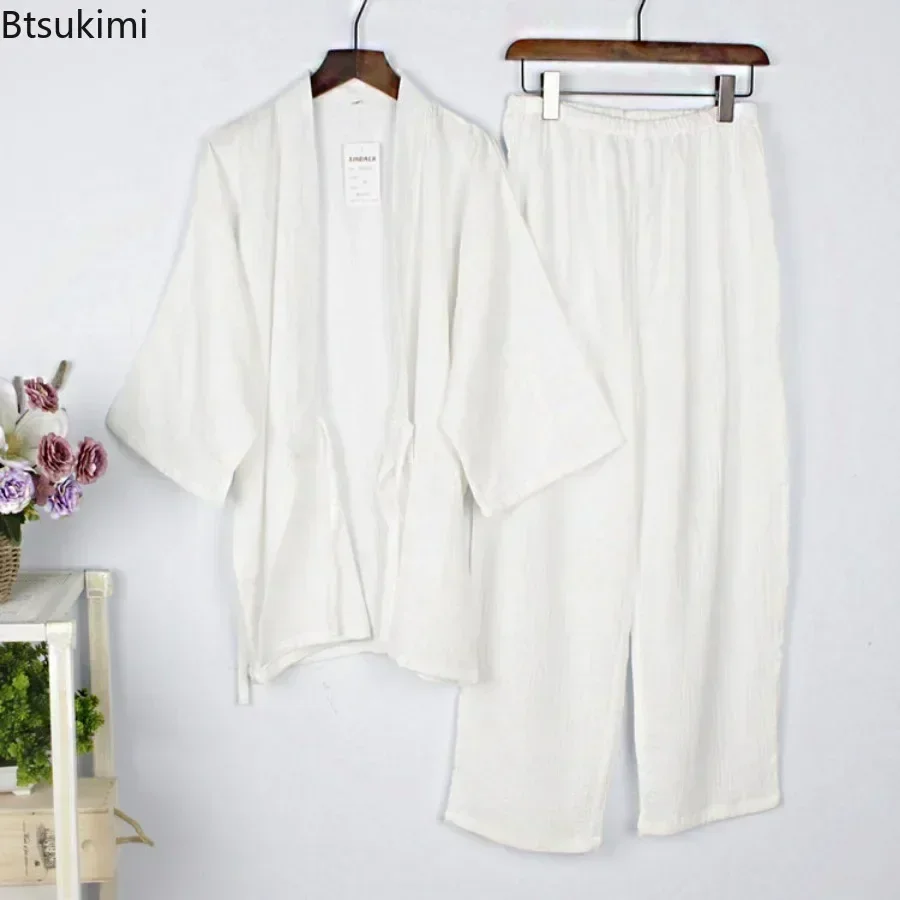 Pajama Sets Japanese Kimono Men's Solid Pajamas Two-pieces Simple Cotton Crepe Cloth Plus Size Lace-up Tops Trousers Home Service Sets