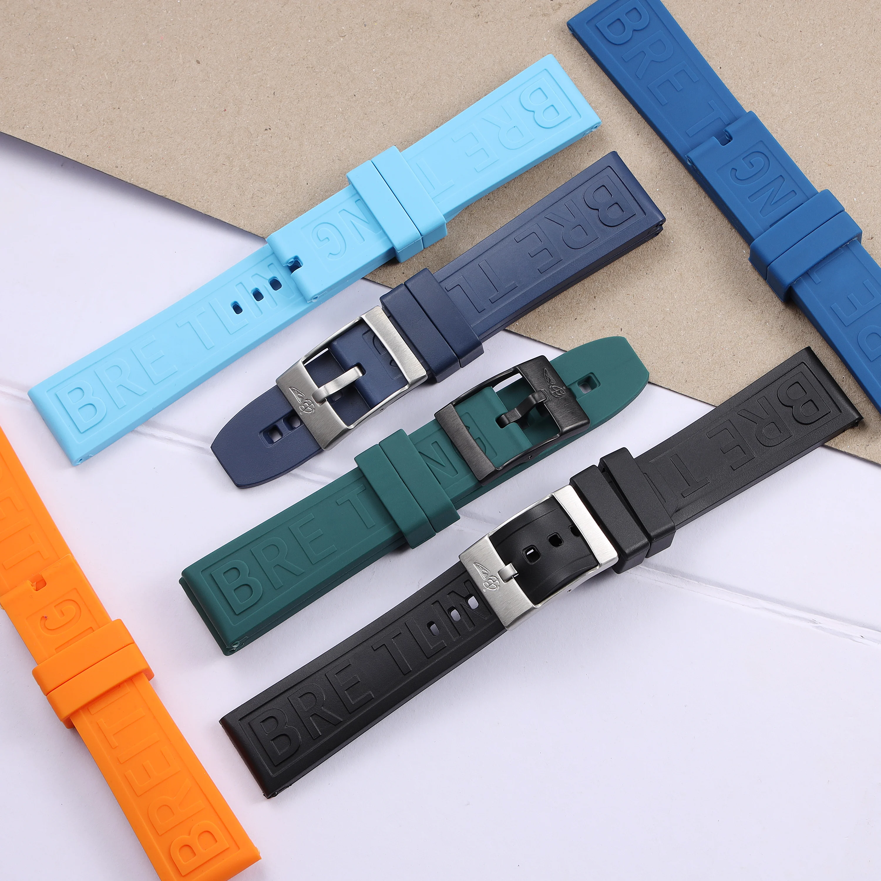 

high quality 20 22 24mm full wing logo tang buckle black blue orange green rubber watchband for Breitling silicone wrist strap