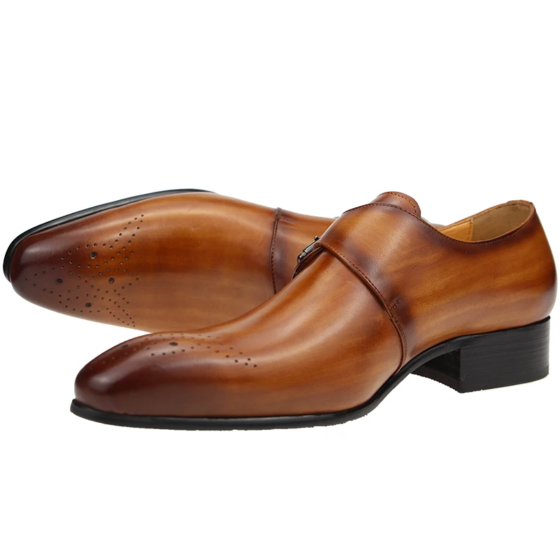 Mens Formal Male Shoe Side Buckle Leather Shoes Pointed Toe Bullock Carving classic style Classic gentleman Formal wear Pointed 5
