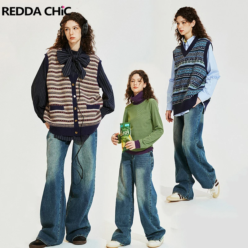 

REDDACHiC 90s Retro Women Whiskers Baggy Jeans Casual Blue Wash Skater Oversized Pants Wide Leg Low Waist Y2k Korean Trousers
