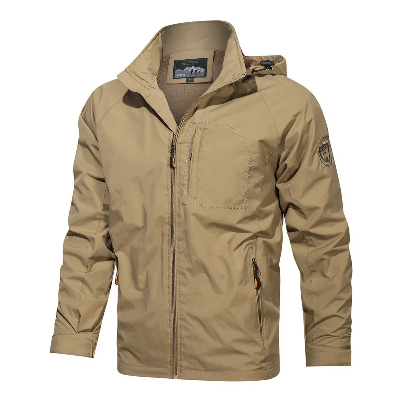 Spring Autumn Men's Thin Hooded Sprint Coat Solid Versatile Mountaineering Jacket Oversized Multi Pocket Casual Windbreaker