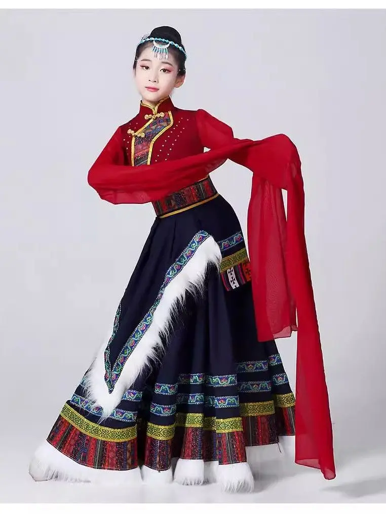 

Children's Tibetan Dance Costume Girl's Large Swing Performance Skirt Chinese Style Ethnic Mongolian Performance Clothes