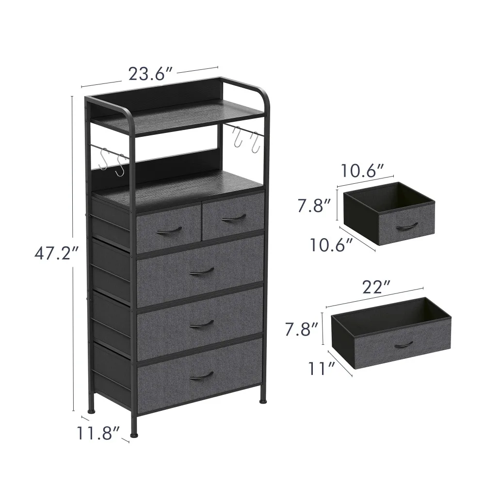 5 Drawers Dresser,Tall Dresser for Bedroom,Fabric Drawer Organizer Unit, Chest of Drawers with Hooks, Open Shelf for Closet 2
