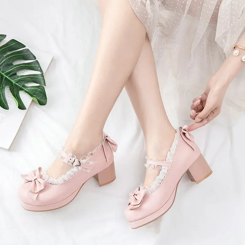 

Girls Sweet Lolita Ruffles Bowknot Lace Bridal Wedding Shoes Women High Heel Bordered Princess Dress Men Pink Plus Size 33-48