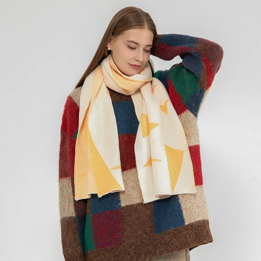 

Winter 2022 New Geometric Jacquard Knitted Women's Scarf Foreign Trade Knitted Geometric Pattern Lovers' Scarf with Small Shawl