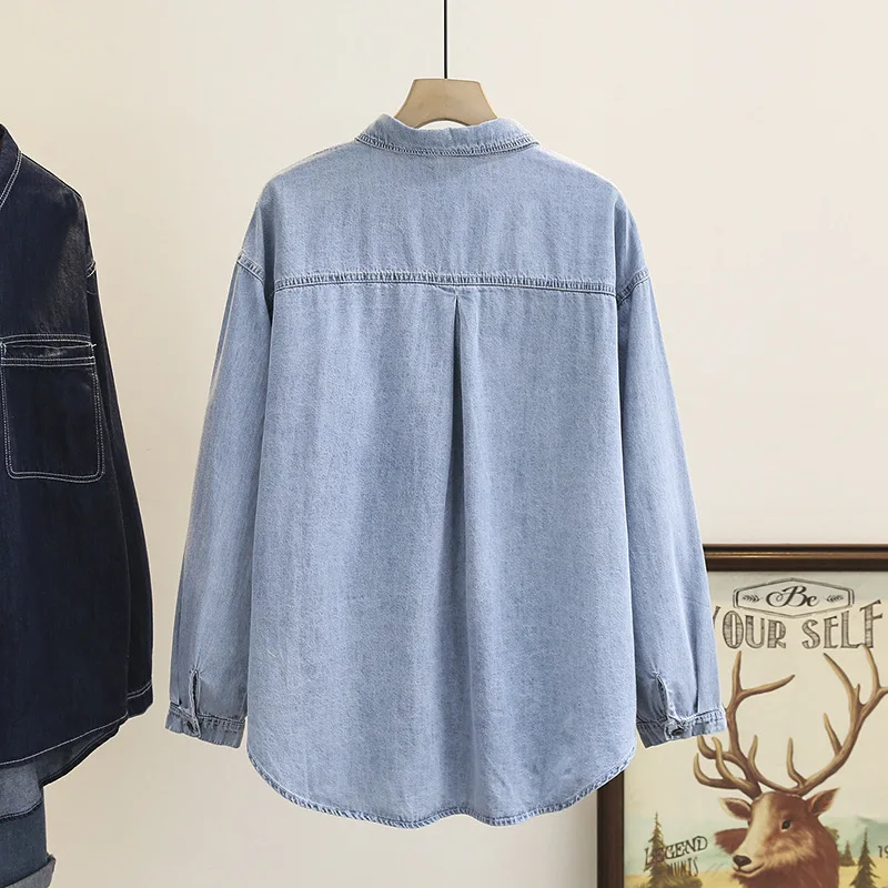 Plus Size Denim Shirt Women Spring Autumn Retro Art Two Pocket Design Loose Asymmetrical Long Tops Oversized Curve Clothes