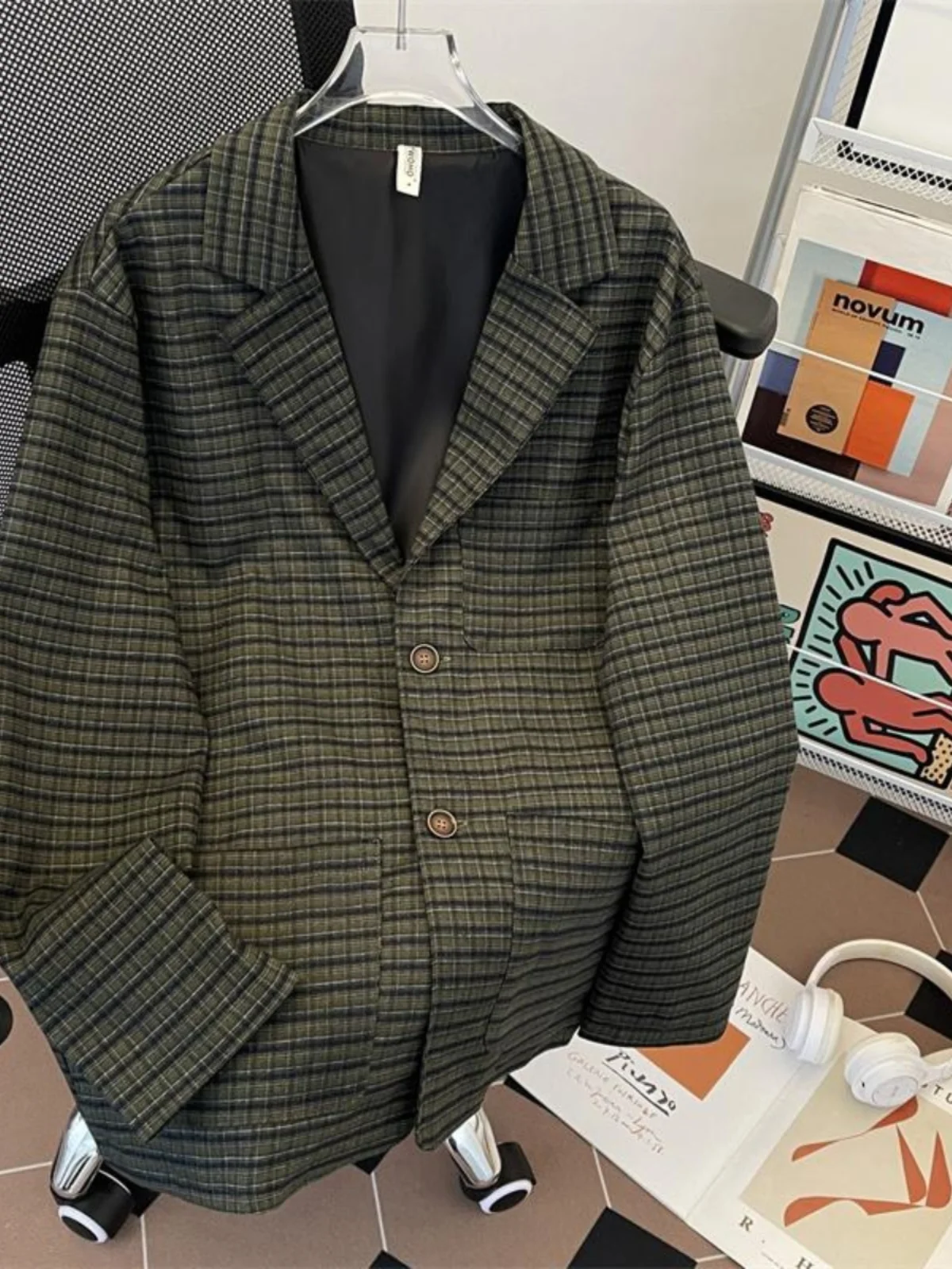 Retro Hong Kong Sle Men's Casual Loose Fit Plaid Suit Jaet Spring Autumn Seasonal Polyester Fiber Youth Faion