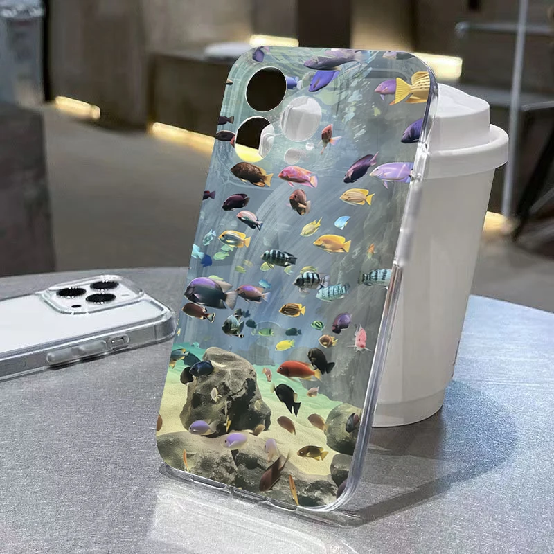 Whimsical Marine Life Cartoon Fish Phone Case - Soft Cover with Sharks and Dolphins Design