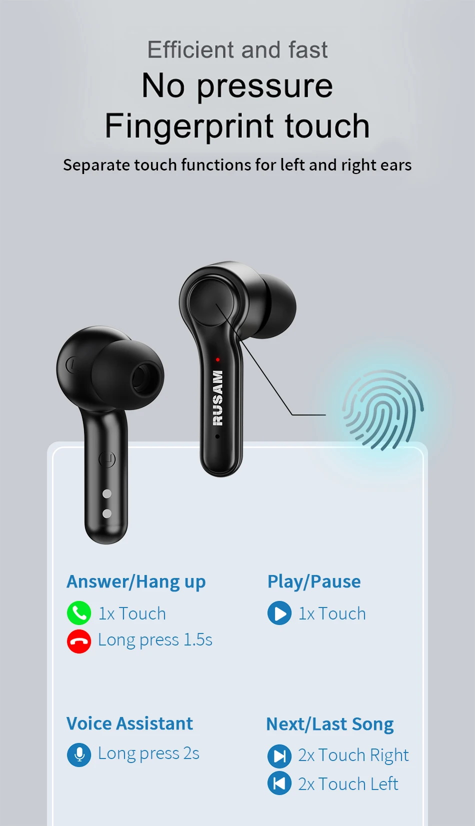 RUSAM RS19 5.2 Bluetooth Headphones TWS Wireless Headset Portable Touch Control Deep Bass Earbuds Noise Cancellation Earphones