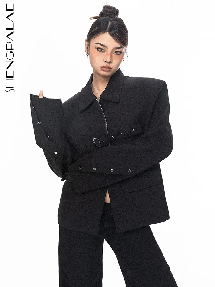 

SHENGPALAE Autumn 2023 New Coat For Women Fashion Belt Lapel Solid Color Shoulder Pad Loose Vintage Jacket Tops Female 5R6821