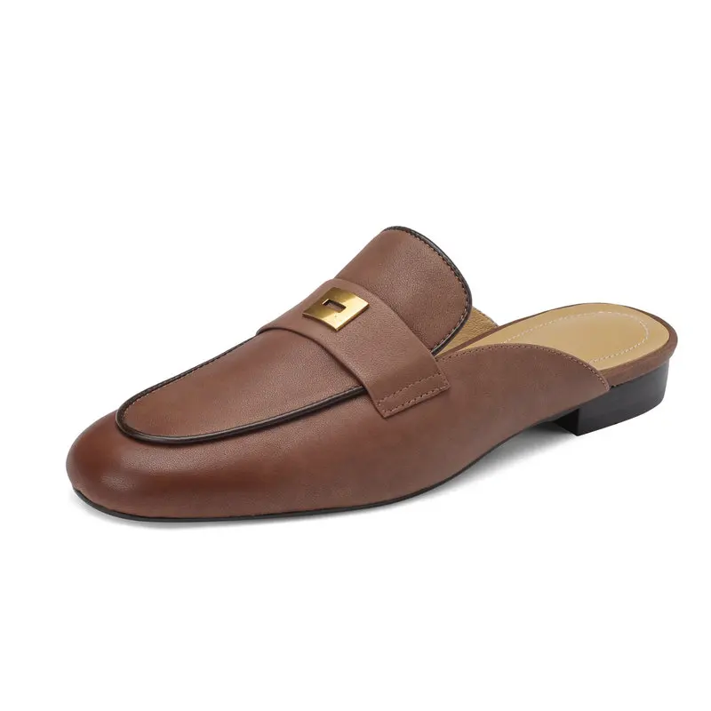 

2023 Newly Launched Women Brand Genuine Leather Baotou Half Slippers Women Summer Wear Muller Shoes Flat Sandals