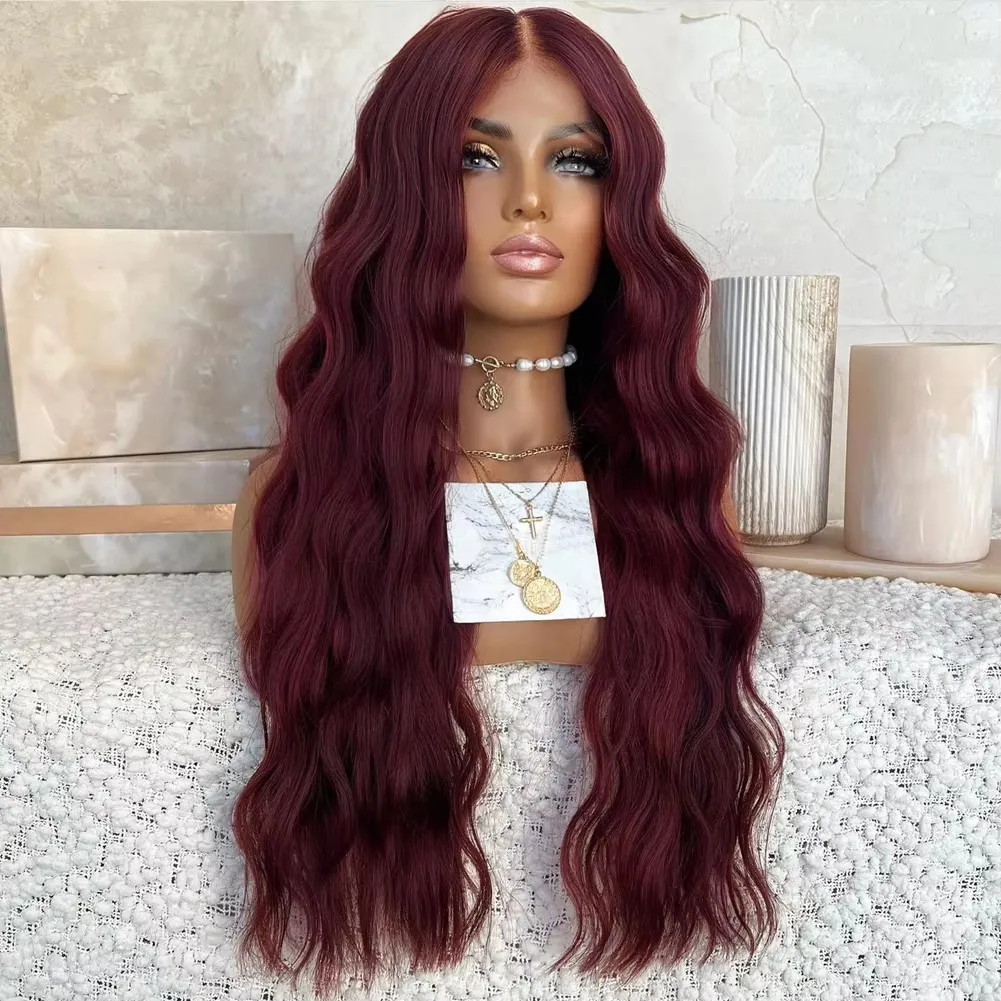 Synthetic Hair Lace Front Wig Women Black Burgundy Deep Wave Glueless Heat Resistant Fiber Cosplay Party Hair