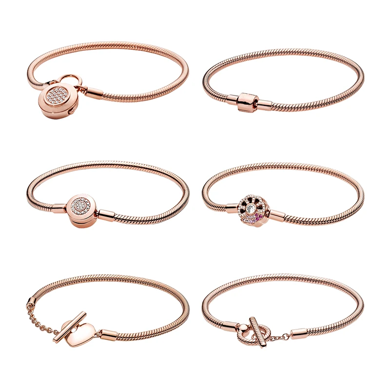 

Silver 925 Original Rose Gold Wrist Charm Bracelets For Women Jewelry Snake Chains Padlock Barrel Crown O Fan Heart T Bar Clasp