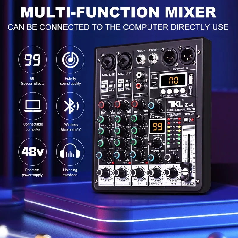 For TKL 4 channel 99 DSP audio mixer 48V Phantom Power USB studio sound mixers Bluetooth DJ console mixing for karaok