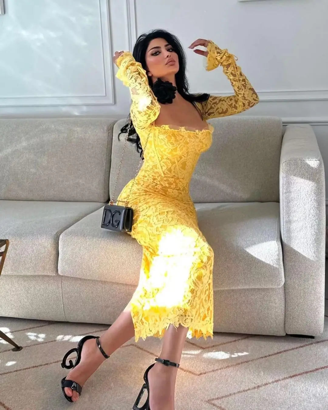 chinese dress ladies Modal Lace-Trim Bodycon Mini Dress in Pastel Yellow - XXL
