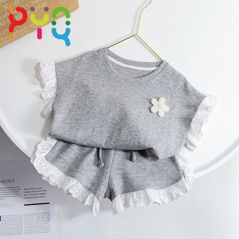 

Summer PYQ Girls Casual Sets 2023 New Solid Color Children's Clothing For Girls Lace Short Sleeve+Shorts 2pce Outfits 1-6 Years