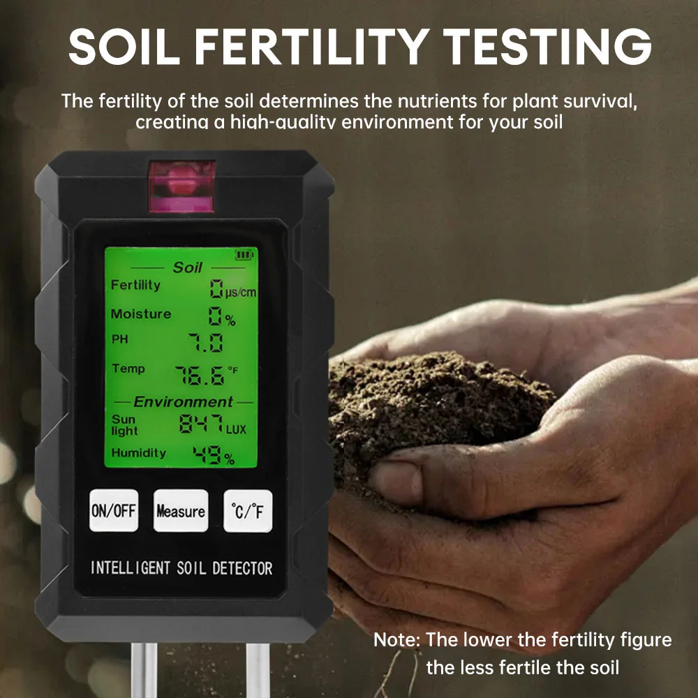6-in-1 Soil Tester For pH Moisture Light Temperature Fertility Humidity/Rotatable Screen/Battery Powered