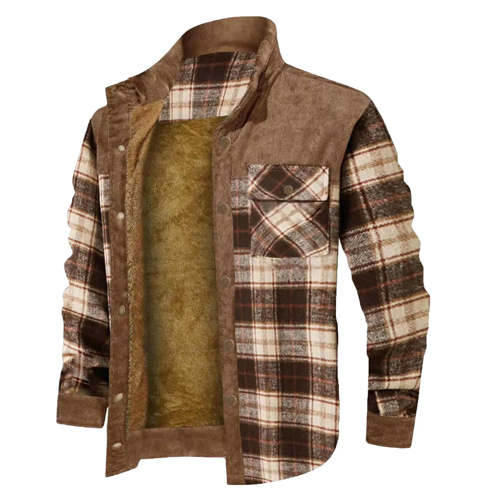 Fall Winter Men's Plaid Print Casual Jackets Fashion Vintage Long Sleeve Stand Collar Single Breasted Warm Fleece Lined Outwears 4