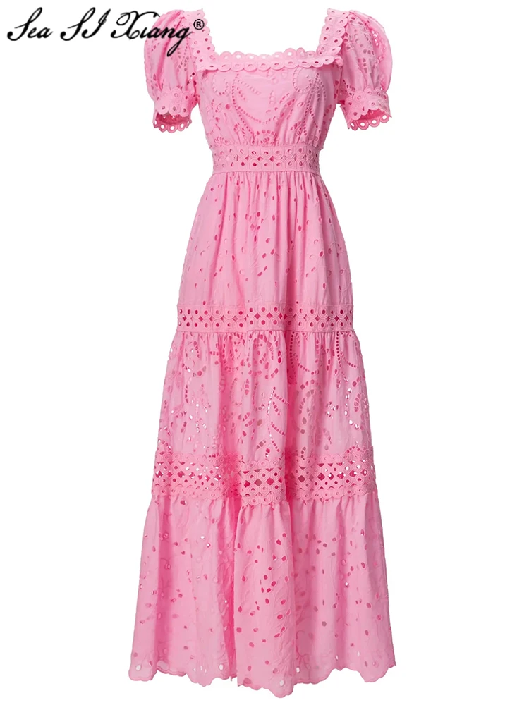 

Seasixiang Fashion Designer Spring Summer Dress Women Square Collar Puff Sleeve Hollow Out Embroidery Vintage Long Dresses