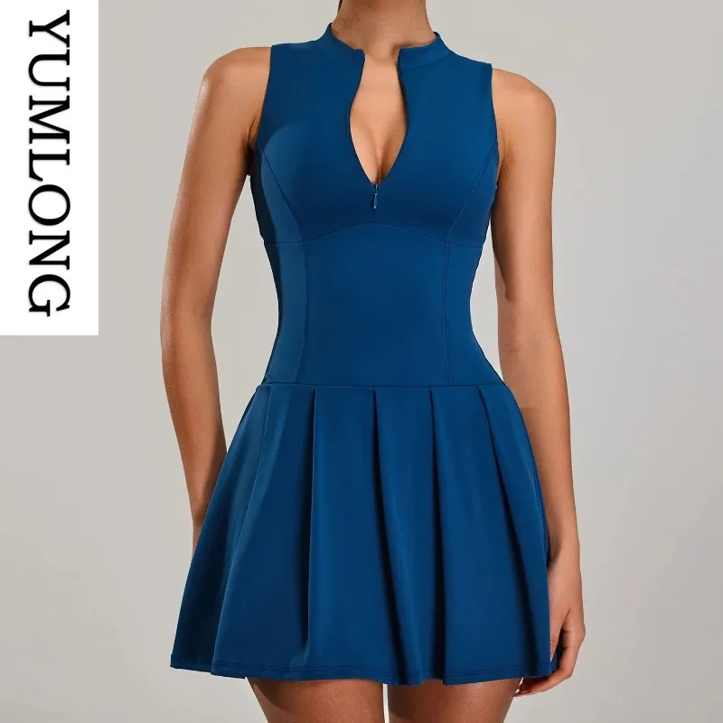 Women Sleeveless Zipper Tennis Dress Waist-Cinching Push-Up Sportswear Built-in Shorts Fitness Athletic Skirt Mujer Apparel