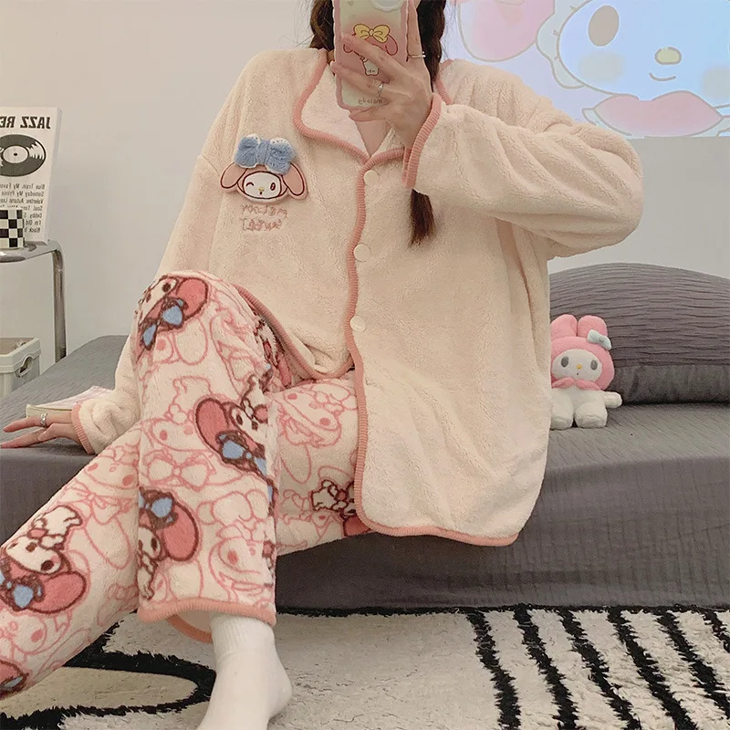 

Sanrios My Melody Pajamas Kawaii Kuromi Cinnamoroll Anime Cartoon Autumn Winter Coral Fleece Warm Girl Home Wear Nightgown Suit