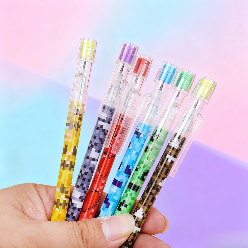Set di matite colorate stile pixel da 6 pezzi, matite da disegno con motivo creativo a cartoni animati, cancelleria per scrittura e colorare lisci per bambini