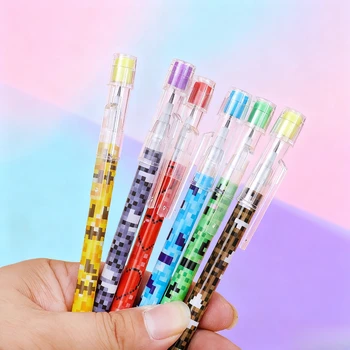 Set di matite colorate stile pixel da 6 pezzi, matite da disegno con motivo creativo a cartoni animati, cancelleria per scrittura e colorare lisci per bambini