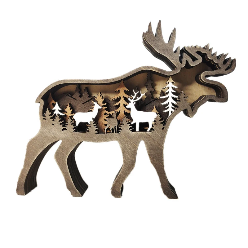 Wolf Totem Wooden Hollow Christmas Decoration - LED Lit Home & Desktop Carving Craft