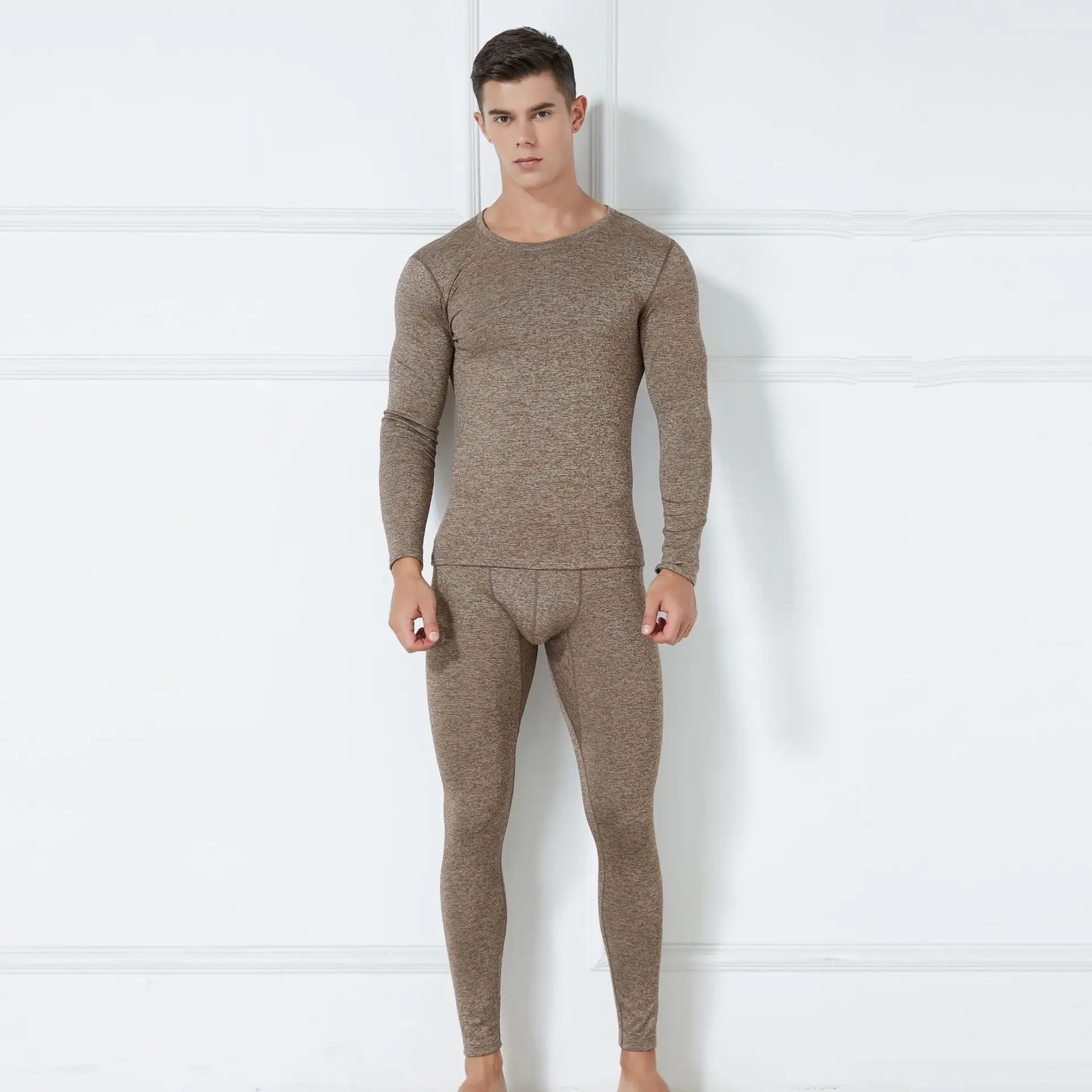Set Autumn Winter Thermal Underwear Men's Round Neck Plush Thickened Warm Underwear Youth Tight Fashion Clothe Top and Pant Suit